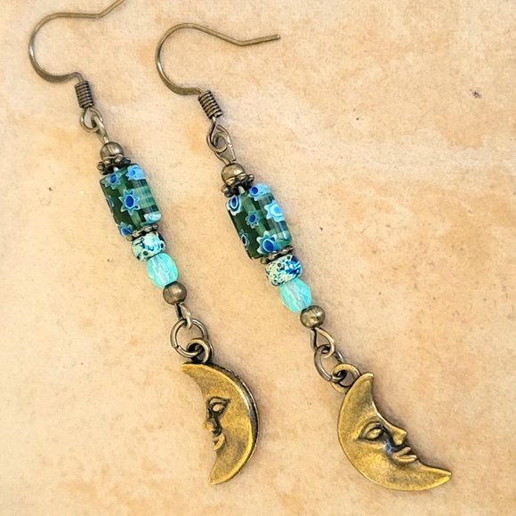 Crescent MOON Face Charm Earrings Millefiori Picasso Bronze Plated Hook Earwires - Picture 6 of 13
